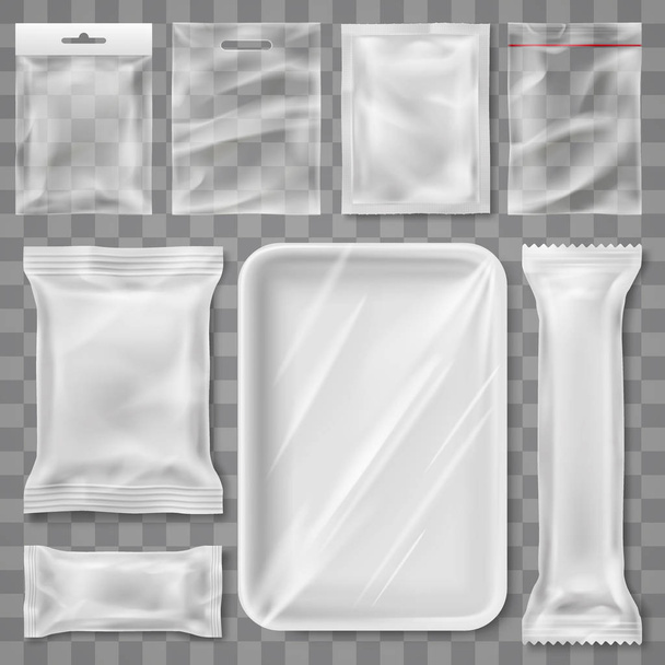 Ilustração de embalagem de plástico vazio - produto de lanche e recipiente de alimentos marca mock up modelo de fundo isolado
 - Vetor, Imagem