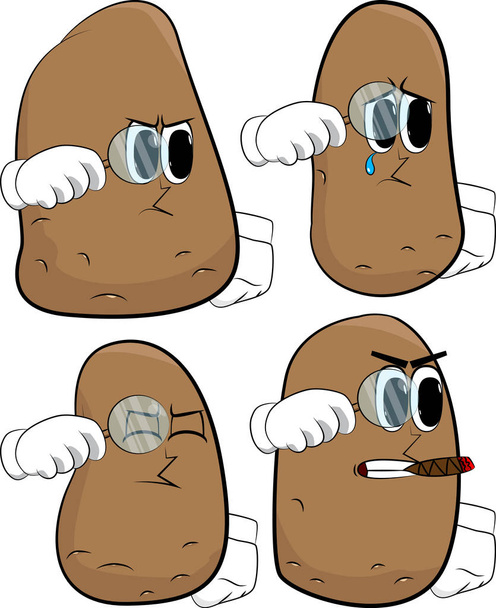 Patatas sosteniendo una lupa. Colección de papas de dibujos animados con caras enojadas y tristes. Expresiones vector conjunto
. - Vector, imagen