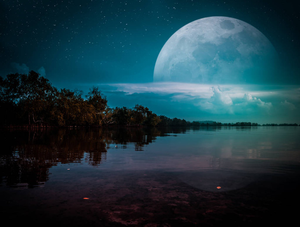 Photo Manipulation. Landscape of night sky with many stars. Beautiful super moon behind partial cloudy above silhouettes of trees, lake area. Serenity nature background. The moon taken with my camera. - Photo, Image