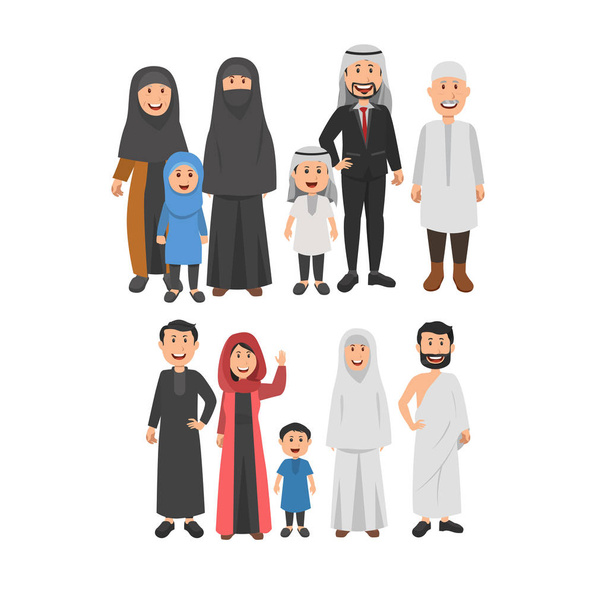 Happy Middle Eastern Moslem Family Together, Parents, Grandparents, and Childs (en inglés). Ilustración de vectores planos
 - Vector, imagen