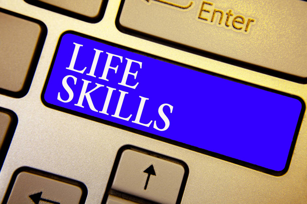 Text sign showing Life Skills. Conceptual photo that is necessary or desirable full participation in everyday Keyboard blue key Intention create computer computing reflection document - Photo, Image