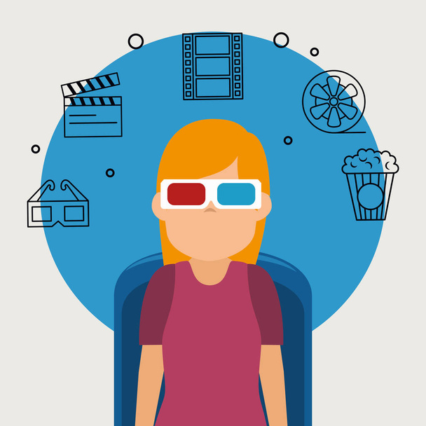 νεαρή γυναίκα με γυαλιά 3d και κινηματογραφικά εικονίδια - Διάνυσμα, εικόνα