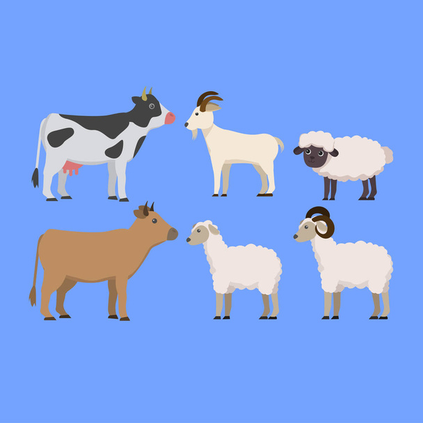 Tierhaltung, Opfertier, Kuh, Ziege, Schaf, in niedlicher Illustration Karikatur - Vektor, Bild