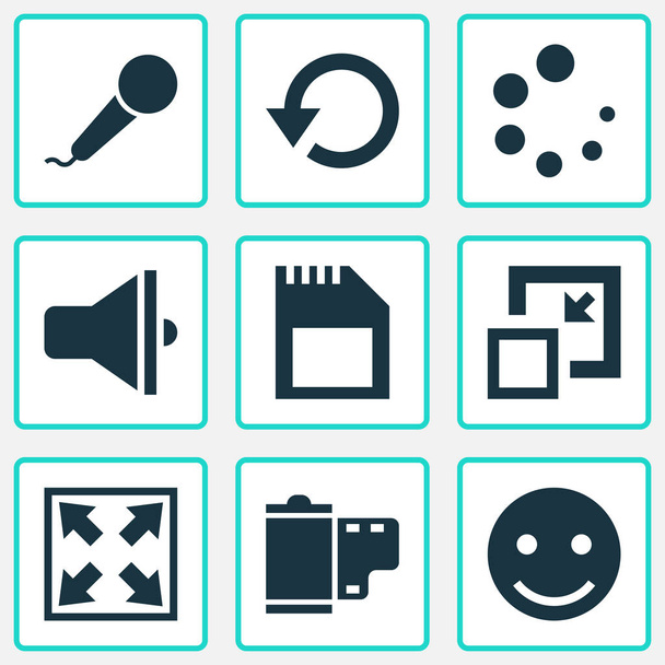 Multimedia icons set with sd card, minimize, loudspeaker and other enlarge elements. Isolated vector illustration multimedia icons. - Vector, Image