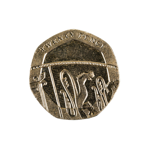 dwudziestu pensy brytyjskie monety (2015) na białym tle na białym tle - Zdjęcie, obraz