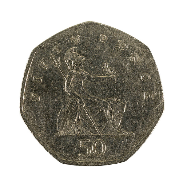 pięćdziesiąt pensów brytyjskie monety (1997) na białym tle na białym tle - Zdjęcie, obraz