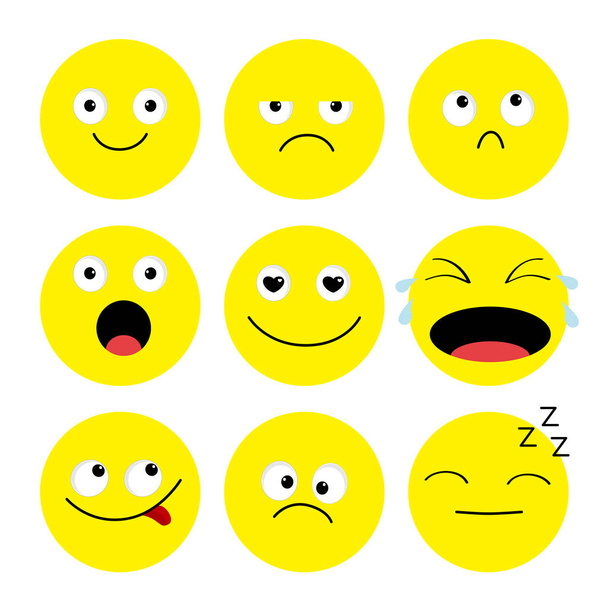 Conjunto de iconos Emoji. Emoticones. Divertidos personajes de dibujos animados kawaii. Colección Emoción. Feliz, sorprendido, sonriente llorando triste cara enojada. Diseño plano Fondo blanco. Aislado. Ilustración vectorial
 - Vector, Imagen
