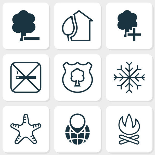 Ecologie pictogrammen instellen met kampvuur, sneeuwvlok, roken en andere home elementen. Geïsoleerde vector illustratie ecologie pictogrammen. - Vector, afbeelding