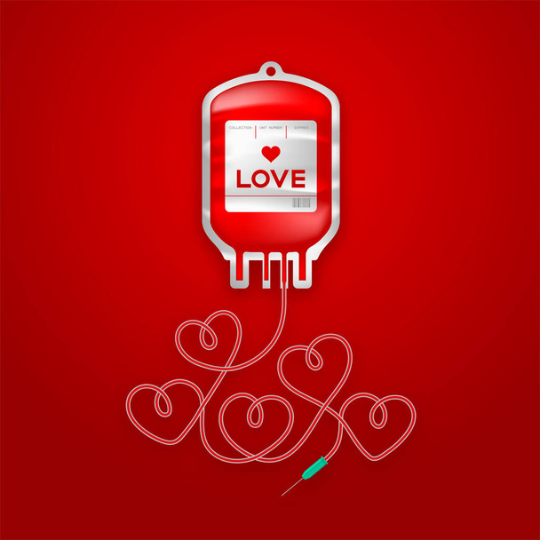 Kolor czerwony worek krew i serce miłość Zarejestruj kształcie, wykonane z kabla ilustracja, valentine koncepcja na białym tle na czerwone tło gradientowe, z miejsca kopii - Wektor, obraz