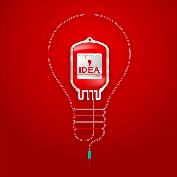 Blood bag red color and Incandescent light bulb frame shape made from cord illustration idea concept design isolated on red gradient background, with copy space - Vector, Image
