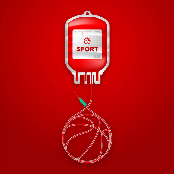 Blood bag red color with basketball shape made from cord illustration, sport concept design isolated on red gradient background, with copy space - Vector, Image