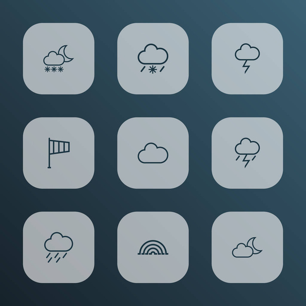 Clima iconos línea estilo conjunto con relámpagos, niebla, ventisca y otros elementos de lluvia nevada. Iconos de clima de ilustración vectorial aislado
. - Vector, Imagen