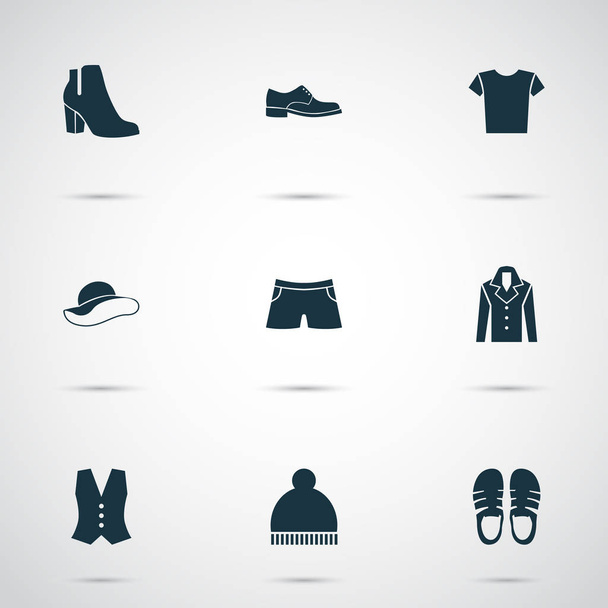 Oblečení ikony nastavit obuv, sandál, Kalhotky plavání kufr prvky. Izolované vektorové ilustrace oblečení ikony. - Vektor, obrázek