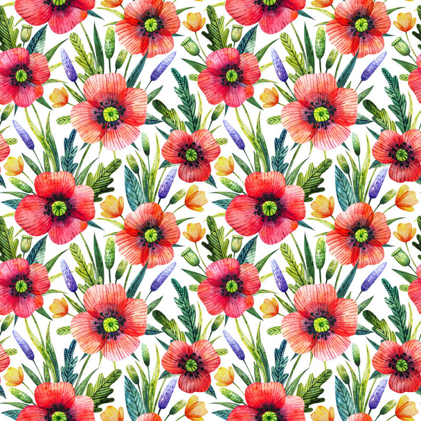 Watercolor seamless pattern with poppies. Floral background. Hand drawn summer flowers. - Fotoğraf, Görsel