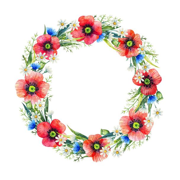 Watercolor floral wreath. Summer flowers. Hand drawn illustration. Floral frame. - Foto, Bild