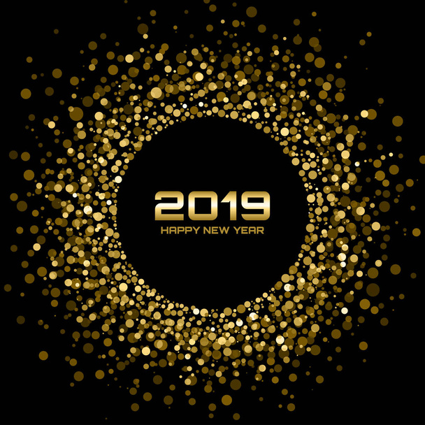幸せな新しい年 2019年カード背景。ゴールドの明るいディスコの照明。ハーフトーン サークル フレーム。黄金丸枠ハーフトーン サークル ドット ラスター テクスチャを使用します。クリスマス デザイン要素。ベクトル図 - ベクター画像