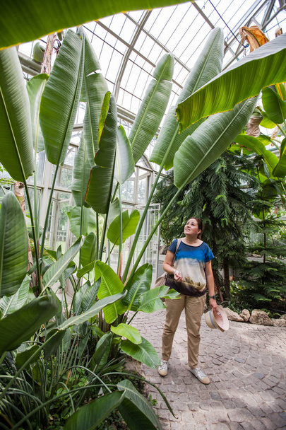 Young woman looking the plants in greenhouse at botanical garden - Φωτογραφία, εικόνα