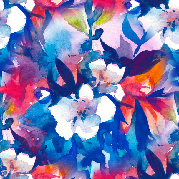 水彩花柄シームレス パターン、繊細な花、黄色、青とピンクの花 - 写真・画像