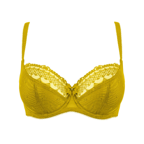 Yellow silk sexy push up brassiere with bow isolated on white background. Women's expensive elegant underwear garment - Photo, Image