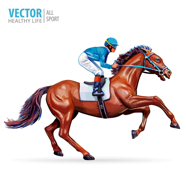 Jockey on horse. Champion. Horse racing. Hippodrome. Racetrack. Jump racetrack. Horse riding. Racing horse coming first to finish line. Isolated on white background. Vector illustration - Vector, Image