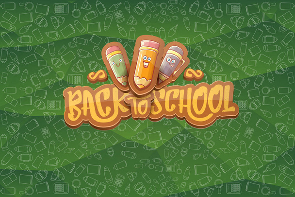 Back to school vector horizntal background template or banner with funny cartoon supplies like pencil ,book, bag, eraser and space for text. Vector back to school label - Vector, Image