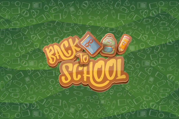 Back to school vector horizntal background template or banner with funny cartoon supplies like pencil ,book, bag, eraser and space for text. Vector back to school label - Vector, Image