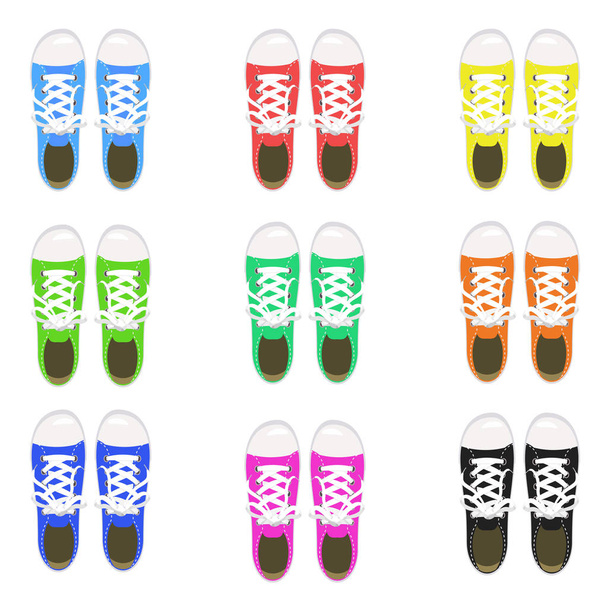 Un conjunto de zapatos deportivos, zapatos de gimnasio, keds, varios colores, para deportes y en la vida cotidiana, moda, vector, ilustración, aislado
 - Vector, Imagen