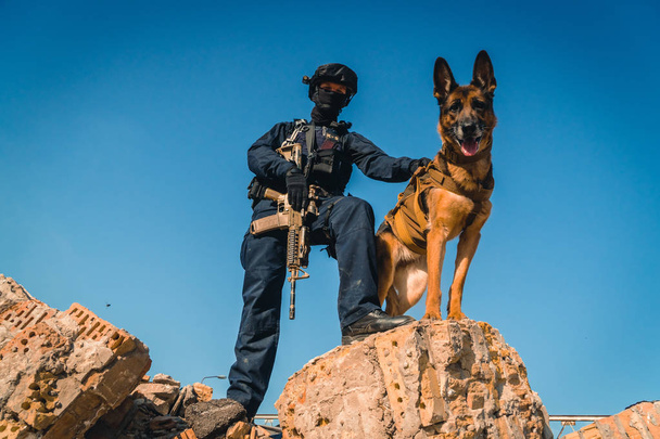 Cynologist. Eğitimli bir çoban köpeği ile askeri giysili bir adam - Fotoğraf, Görsel