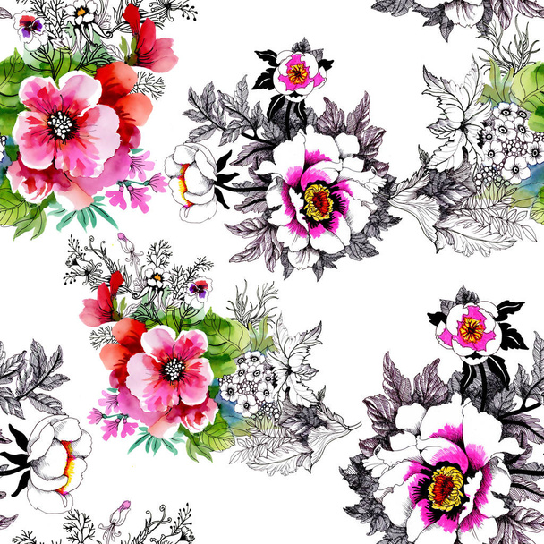 Watercolor seamless pattern with beautiful roses and wildflowers background - Foto, immagini