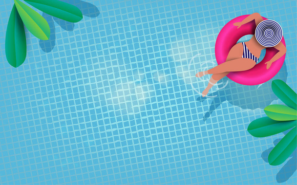 Vista aérea de personas que se relajan en donut lilo en la piscina. Vacaciones de verano idílicas. Vista alta desde arriba. Ilustración vectorial
. - Vector, imagen