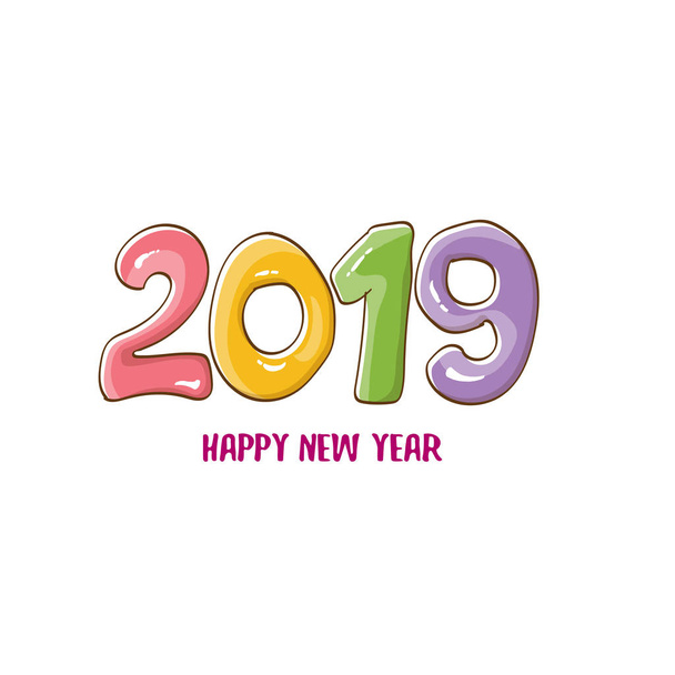 Szczęśliwego nowego roku 2019 plakat projekt szablon. Wektor happy new year powitania ilustracji kolorowe ręcznie rysowane 2019 liczb i gwiazdy na białym tle - Wektor, obraz