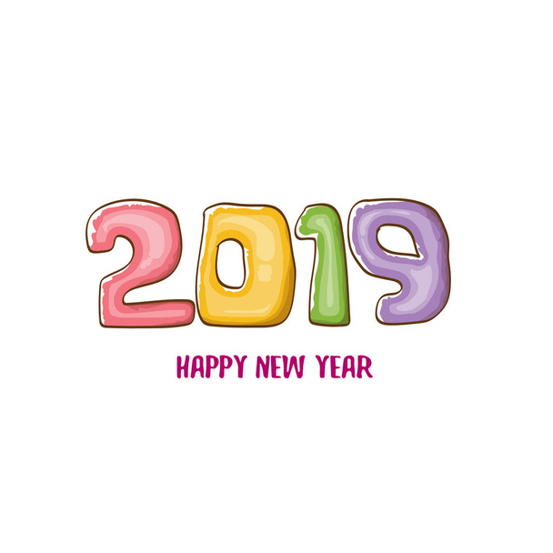 2019 Happy New Year poster design template. Vector happy new year greeting illustration with colored hand drawn 2019 numbers and stars isolated on white background - Vector, Image