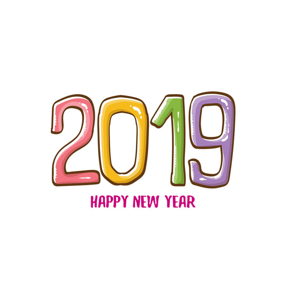 2019 新年ポスター デザイン テンプレートです。ベクター幸せな新年のご挨拶イラスト色の手で描画 2019 の数字と白い背景で隔離の星 - ベクター画像