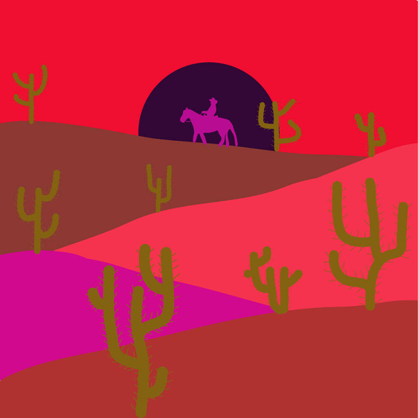 Imágenes en colores rojo, rosa y marrón. Vector. Escena de fondo con cactus en la ilustración del desierto
. - Vector, Imagen