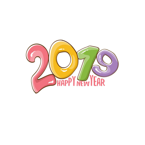 2019 happy New Year poster tasarım şablonu. 2019 numaraları ve beyaz arka plan üzerinde izole yıldız vektör mutlu yeni yıl tebrik illüstrasyon renkli el ile çizilmiş - Vektör, Görsel