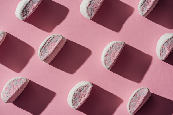 set of tasty marshmallows with shadows on pink  - Fotoğraf, Görsel