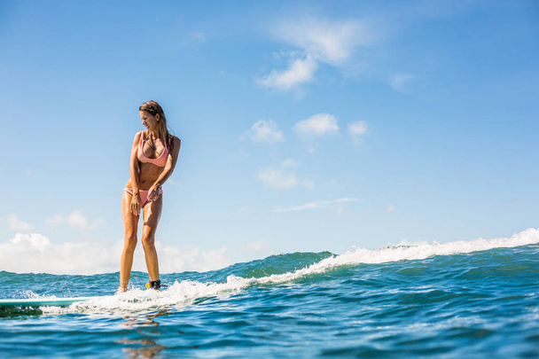Fitness surfer girl in sexy bikini on surfing longboard ride and have fun on big waves in open ocean. Modern active lifestyle, people water sport adventure camp and extreme swim on summer vacation. - Photo, Image
