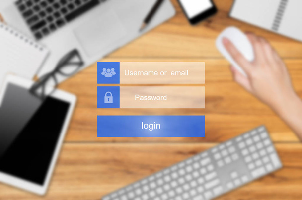 Login interface op touchscreen. Aanraken van login doos, gebruikersnaam en wachtwoord ingangen op virtuele digitale display, bovenaanzicht. - Foto, afbeelding