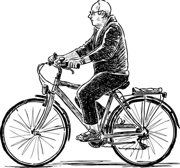 Sketch of an elderly man riding a bike - Vector, Image