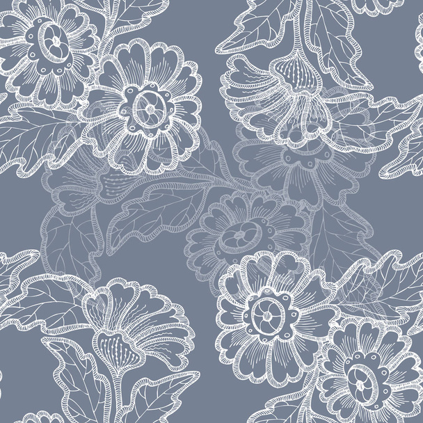 Seamless pattern white graphic flowers on a blue background. - Fotoğraf, Görsel