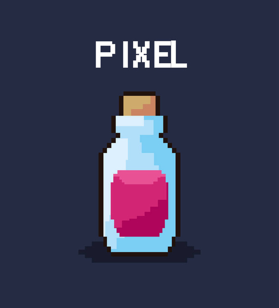 pixelated potion bottle icon over black background, vector illustration - Vector, Image