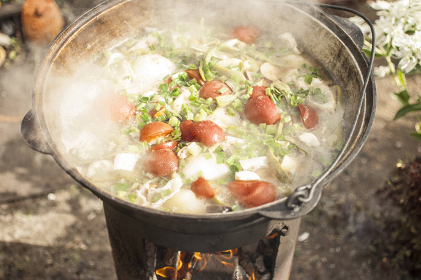 cooking vegetable stew in a cauldron on the fire. picnic. closeup. - 写真・画像