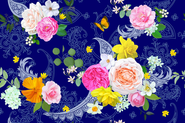 Patrón sin costura floral con paisley
 - Vector, Imagen