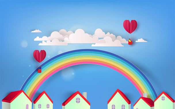 Όμορφο ουράνιο τόξο και καρδιά μπαλόνια πάνω από την πόλη. Εικονογράφηση διάνυσμα - Διάνυσμα, εικόνα