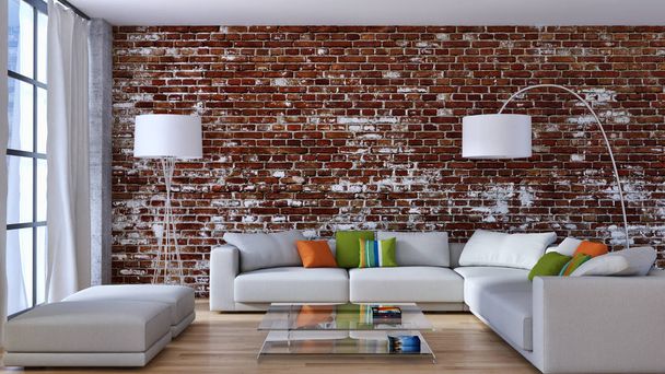 Современные светлые интерьеры квартиры Гостиная 3D рендеринг иллюстрации
 - Фото, изображение