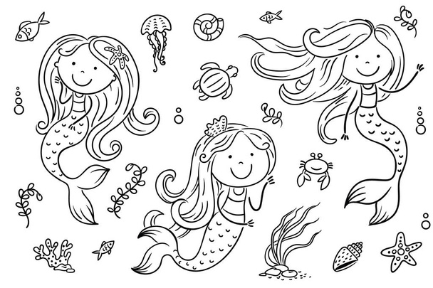 Cartoon mermaid and sea life set, vector - Vector, Image