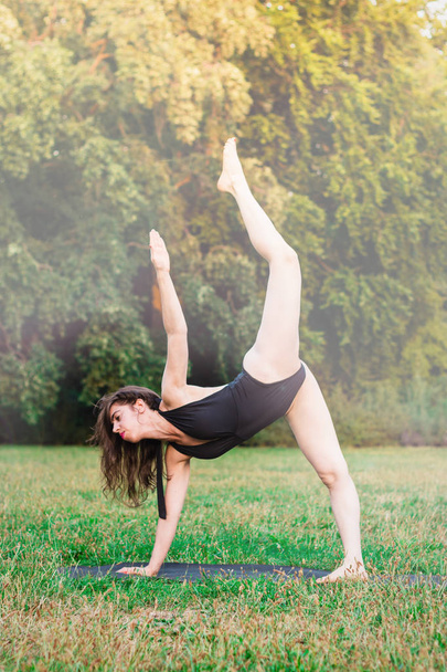 Slim jeune femme pratiquant le yoga dans la nature - yoga asana eka pada Adho Mukha Shvanasana - One Leg Down Dog pose sur fond vert avec effet tonique. Concept sain et sportif. Vue latérale
 - Photo, image