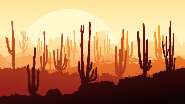 Horizontal cartoon illustration of desert with cacti and rocks in orange tone. - Vector, Image