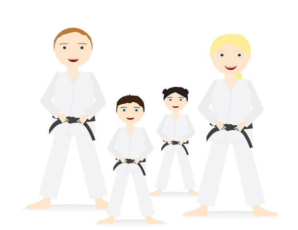 Grup insanlar yetişkin ve çocuklar Judo üniforma ve siyah kuşak ayakta ile  - Vektör, Görsel