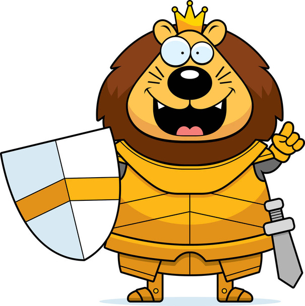 A cartoon illustration of a lion king in armor with an idea. - Vector, imagen